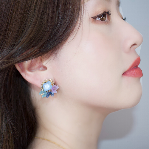 Blue Flower bouquet earrings features japanese crystals, beads and floral design, hypoallergenic studs for sensitive ears