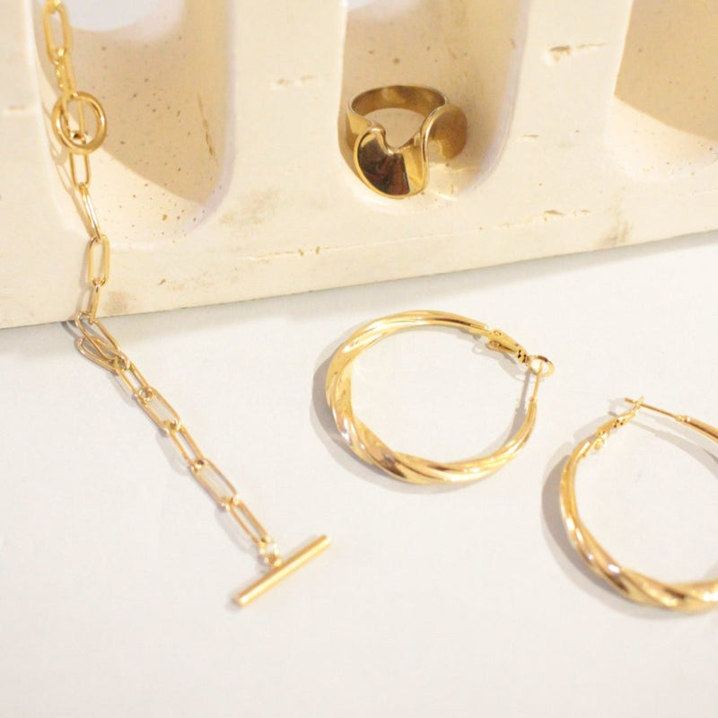 24k gold pated twist hoop earrings, sensitive skin friendly (hypoallergenic), waterproof, Japanese and Korean-inspired, perfect gift for mums.