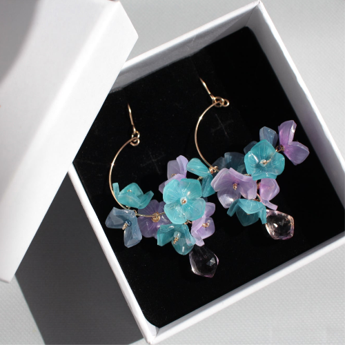 Handmade Japanese Ajisai Hydrangea dangle Earrings by Lilyna, featuring gold-filled hoops with a dedicate flower petal design and a drop amethyst stone, perfect for sensitive skin.