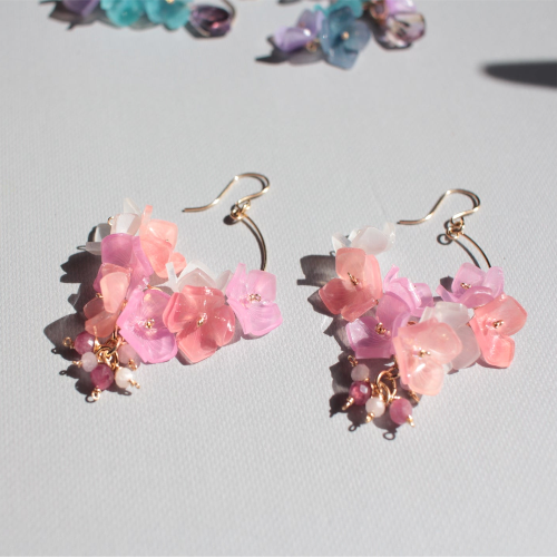 Handmade Japanese Ajisai Flower Hydrangea Earrings by Lilyna, featuring gold-filled and a drop of Tourmaline, perfect for sensitive skin.