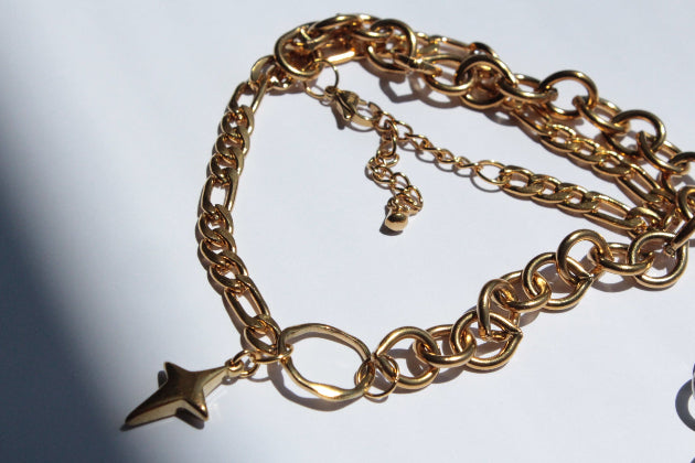 chunky summer gold necklace with cross handmade, figaro and tear drop design chains