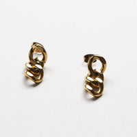 A pair of gold-toned chain-link stud earrings on a plain white background.