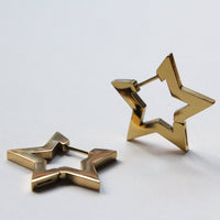 Two gold star-shaped hoop earrings displayed on a clean white surface.