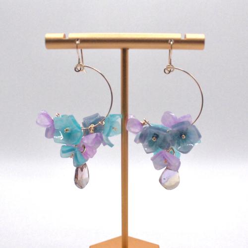 Handmade Japanese Blue Ajisai Hydrangea Earrings by Lilyna, featuring gold-filled hoops with a dedicate flower petal design and a drop amethyst stone, perfect for sensitive skin.