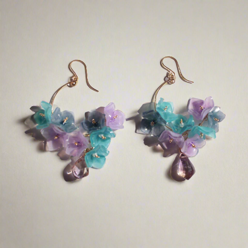 Handmade Japanese Ajisai Hydrangea dangle Earrings by Lilyna, featuring gold-filled hoops with a dedicate flower petal design and a drop amethyst stone, perfect for sensitive skin.