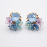 Handmade Blue Flower bouquet earrings features japanese crystals, beads and floral design, hypoallergenic with titanium studs for sensitive ears, made in japan