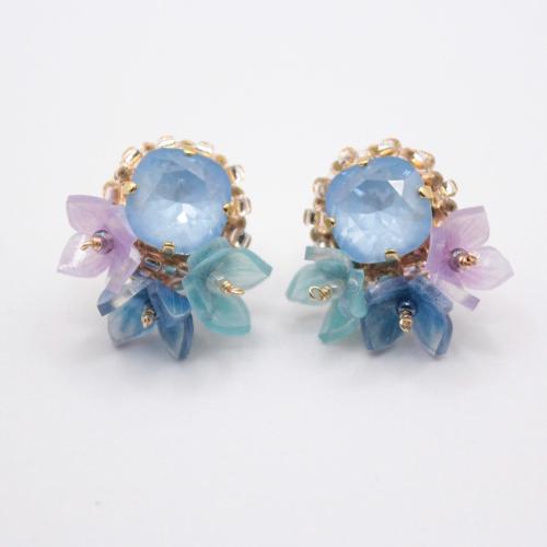 Handmade Blue Flower bouquet earrings features japanese crystals, beads and floral design, hypoallergenic with titanium studs for sensitive ears, made in japan