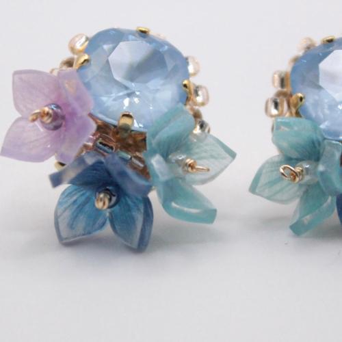 Handmade Blue Flower bouquet earrings features japanese crystals, beads and floral design, hypoallergenic with titanium studs for sensitive ears, made in japan