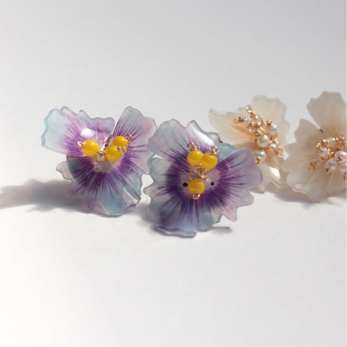 Japanese handmade stud purple flower earrings made for sensitive ears 