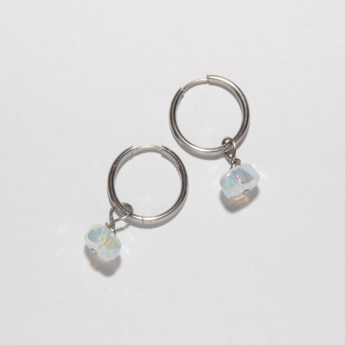 silver hoop earrings with opal white crystal charms