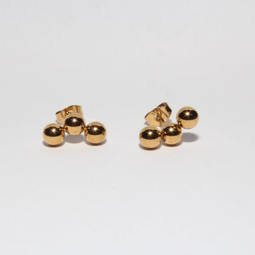 Triple balls stud gold earrings waterproof and sensitive skin friendly 