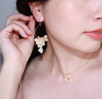 Handmade Japanese Ajisai Hydrangea Earrings by Lilyna, featuring gold-filled hoops with a delicate flower petal design and a drop of freshwater pearl, perfect for sensitive skin and bridal scenes.