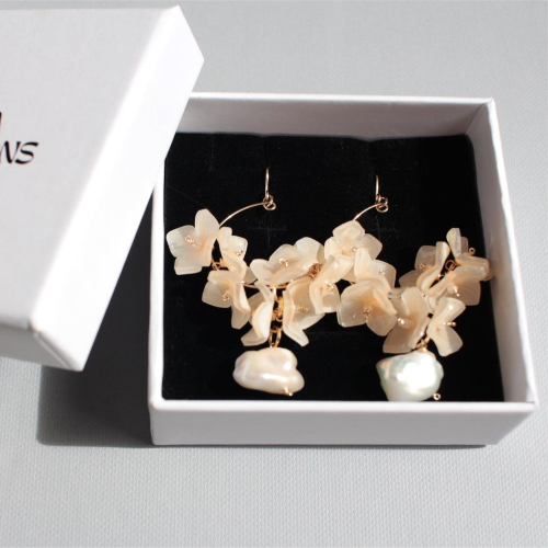 Handmade Japanese Ajisai Hydrangea Earrings by Lilyna, featuring gold-filled hoops with a delicate flower petal design and a drop of freshwater pearl, perfect for sensitive skin and bridal scenes.