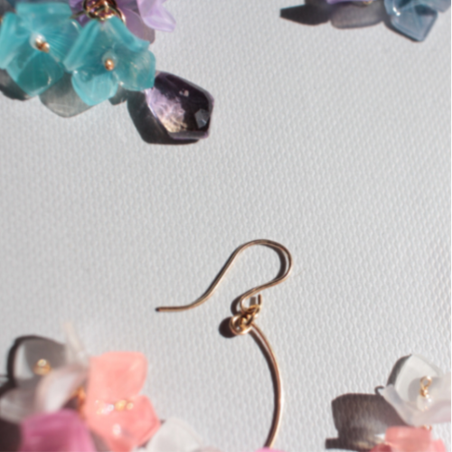 Handmade Japanese Ajisai Flower Hydrangea Earrings by Lilyna, featuring gold-filled and a drop of Tourmaline, perfect for sensitive skin.