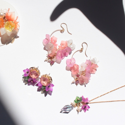 Handmade Japanese Ajisai Flower Hydrangea Earrings by Lilyna, featuring gold-filled and a drop of Tourmaline, perfect for sensitive skin.