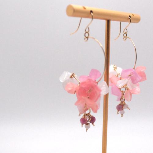 Handmade Japanese Ajisai Flower Hydrangea Earrings by Lilyna, featuring gold-filled and a drop of Tourmaline, perfect for sensitive skin.