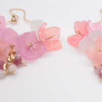 Handmade Japanese Ajisai Flower Hydrangea Earrings by Lilyna, featuring gold-filled and a drop of Tourmaline, perfect for sensitive skin.