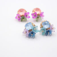 Handmade Blue Flower bouquet earrings features japanese crystals, beads and floral design, hypoallergenic with titanium studs for sensitive ears, made in japan