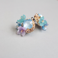 Handmade Blue Flower bouquet earrings features japanese crystals, beads and floral design, hypoallergenic with titanium studs for sensitive ears, made in japan