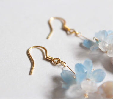 handmade sumire blue  and white flower earrings with  freshwater pearls made for sensitive skin 