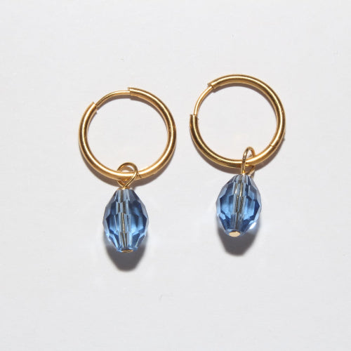 gold hoop earrings blue crystal charms 