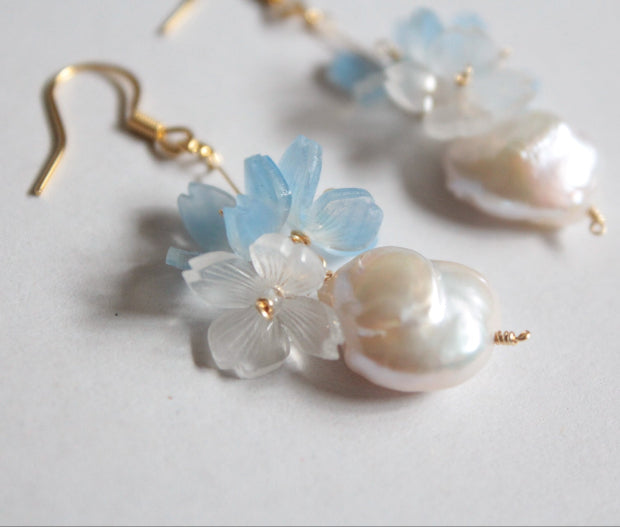 handmade sumire blue  and white flower earrings with  freshwater pearls made for sensitive skin 