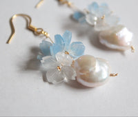 handmade sumire blue  and white flower earrings with  freshwater pearls made for sensitive skin 