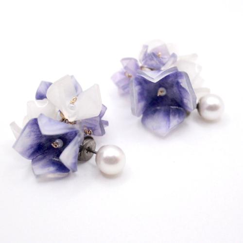 Indigo blue flower marimo 2 ways drop earrings handmade with removable floral spheres and freshwater pearls made in japan for bridal jewellery and sensitive ears