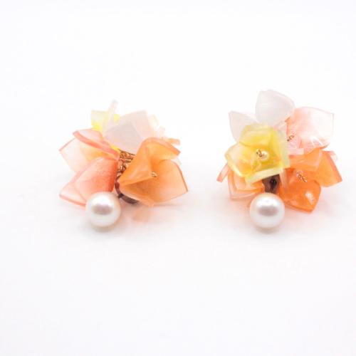 orange and yellow flower marimo 2 ways drop earrings handmade with removable floral spheres and freshwater pearls made in japan for bridal jewellery and sensitive ears