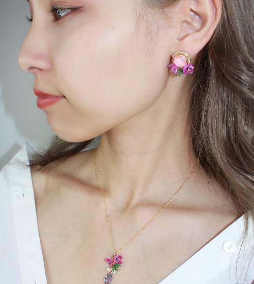 pink crystal flower dainty earrings handmade for sensitive ears, bridal, gift for her, made in japan