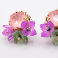 pink crystal flower dainty earrings handmade for sensitive ears, bridal, gift for her, made in japan