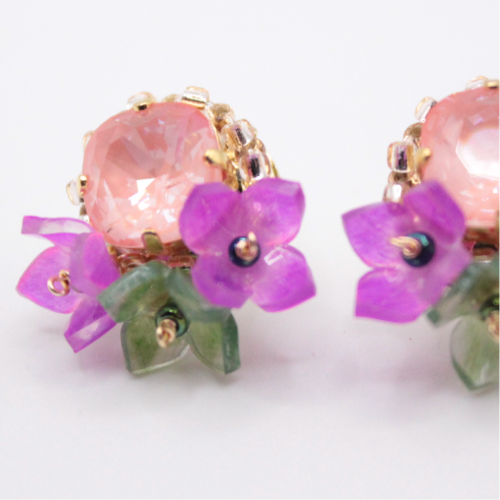 pink crystal flower dainty earrings handmade for sensitive ears, bridal, gift for her, made in japan