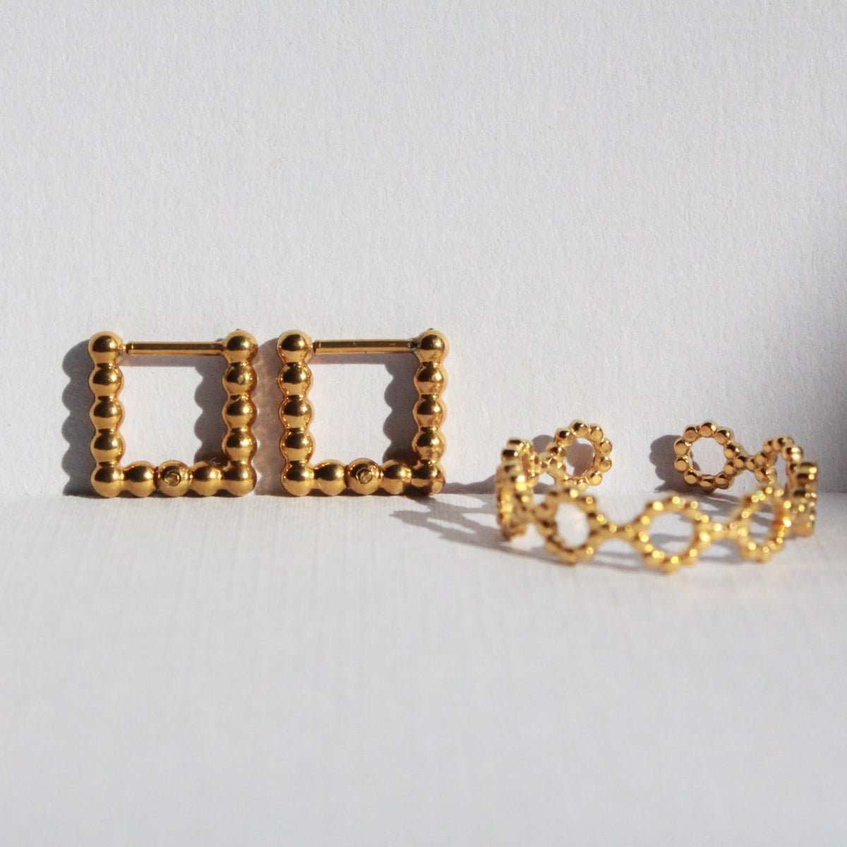 square hoop earrings gold and gold ring waterproof, one touch, sensitive skin friendly Japanese design inspired 