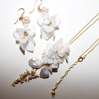 white flower drop earrings dainty handmade by 14k gold-filled and freshwater pearl, made in japan for bridal jewellery